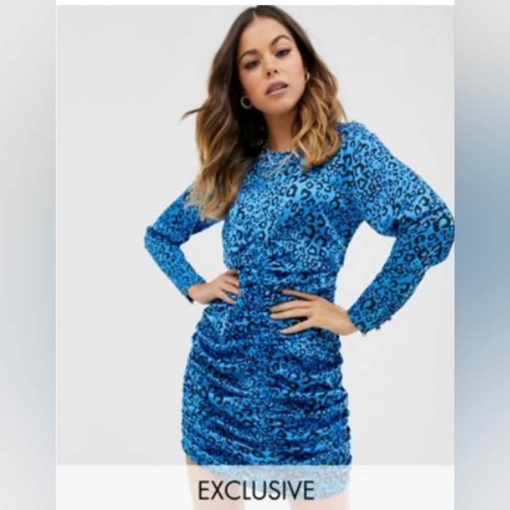 ASOS Blue Leopard Ruched Mini Dress Size M